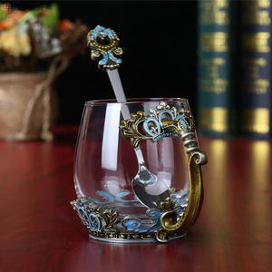 创意欧式复古珐琅彩水杯花茶杯水晶耐热玻璃杯子家用礼品一件