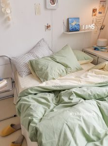 弥生纯色双拼水洗棉四件套纯棉全棉床单床笠款学生宿舍床上三件套