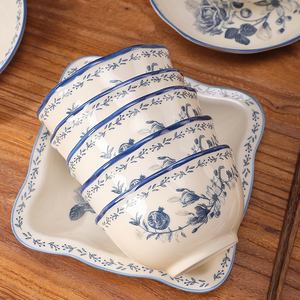 中式青花陶瓷饭碗家用2024新款碗碟套装高级感加厚防烫面碗盘餐具