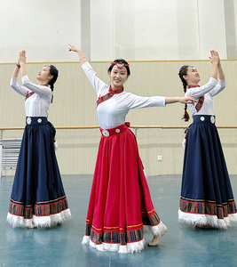 新款藏族演出服装大摆裙民族独舞练习裙女艺考舞蹈服半身裙广场舞