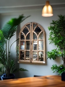 复古假窗户木质室内做旧壁饰带镜子家居装饰室内墙饰背景壁挂