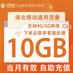 湖北移动流量充值10GB流量包加油包2/3/4/5G全国通用流量当月有效