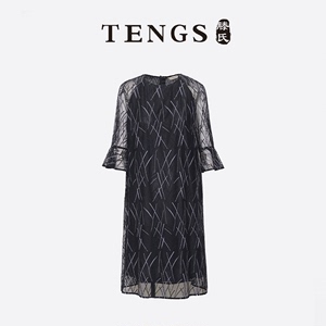 TENGS滕氏女装春夏新款薄纱刺绣蕾丝连衣裙优雅气质直身小黑裙