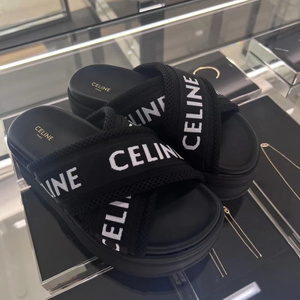 代购CELINE/思琳正品 24新款女士logo印花交叉帆布厚底凉鞋拖鞋