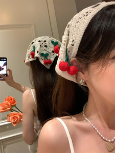 FIXOOFIX韩版可爱甜美三角巾女甜酷樱桃镂空针织发带多巴胺头巾