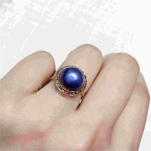 18k海水马贝珍珠戒指深蓝炫彩玛贝戒指金边工艺中国风精致典雅
