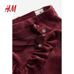HM童装女婴宝宝套装2件式2023冬季新款红色丝绒长裤上衣1187749