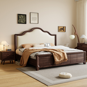 黑胡桃木实木床新中式1米8复古美式床卧室中古风双人软包2米x2米2