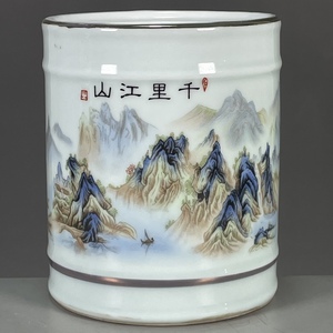 古董瓷器古玩老货收藏同治时期粉彩千里江山图笔筒