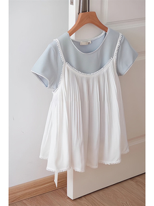 白色蕾丝假两件娃娃衫上衣女夏季设计感可爱甜美吊带小衫短袖衬衫