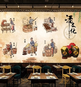 酒厂白酒工艺流程背景墙壁纸3D复古传统酒文化墙纸中国风酿酒壁画