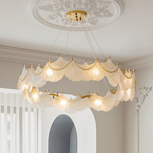 欧普照明客厅主吊灯法式轻奢大气创意设计师奶油风银杏叶玻璃灯具