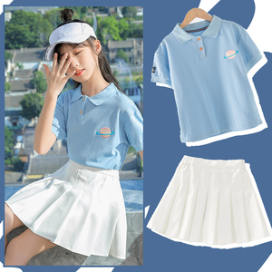 女童夏季套装儿童大童短袖裙子运动学院风女孩夏装羽毛球短裙白色