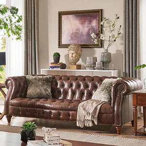 美式真皮沙发小户型客厅办公接待复古做旧直排双人三人位皮艺沙发