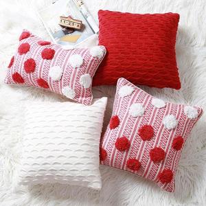 红色簇绒抱枕客厅沙发纯色针织靠垫套车载护腰床头靠背软包不含芯