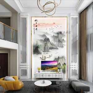 新中式大理石电视瓷砖轻奢现代岩板仿复式楼背景墙楼中楼别墅客厅