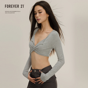 Forever 21性感灰色深V领长袖T恤女超短露脐内搭美式高街显瘦上衣