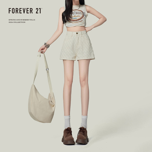 Forever21米白色菱格提花牛仔短裤女新款高腰菠萝裤A字包臀热裤子