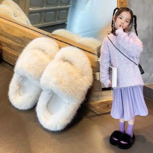 回力女童毛毛拖鞋2024冬季新款室内防滑一字拖鞋洋气儿童外穿保品