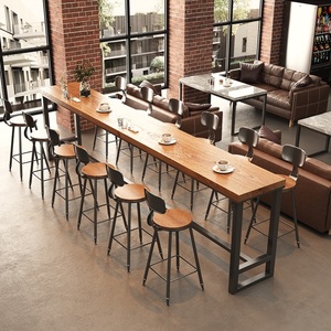 美式实木吧台桌工业风酒吧靠墙长条桌复古咖啡厅休闲高脚桌椅组合