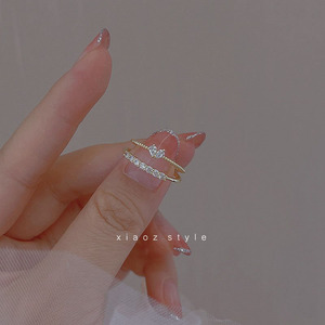 S925纯银锆石爱心两件套戒指甜美精致小众韩国指环时尚2024年新款