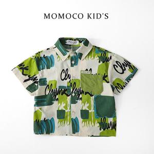 MOMOCO/玛米玛卡儿童短袖衬衫2024夏季男童设计款花时尚口袋衬衫