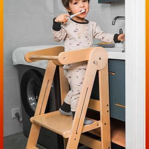围栏儿童洗漱台踏脚凳宝宝垫脚凳学习塔站凳带扶手防滑实木可折叠