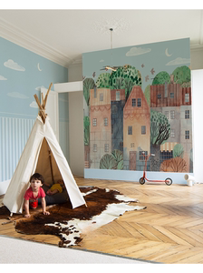 森林插画儿童房壁纸北欧风男孩女孩卧室墙纸床头背景墙布定制壁纸