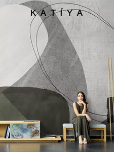 个性抽象水墨壁纸手绘线条几何图案中式背景墙简约别墅复古墙纸画