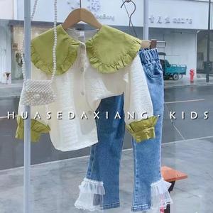 韩系女童春装套装2024新款拼色小香风衬衫洋气设计感网纱牛仔裤两