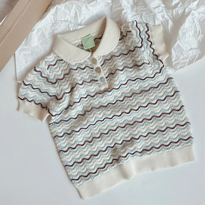 女童短袖t恤夏季2024新款女宝宝洋气儿童时尚波浪条纹针织Polo衫