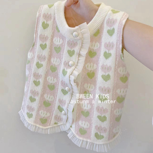 韩国童装女童马甲春季新款洋气宝宝韩版上衣儿童甜美开衫针织背心