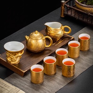 龙年送礼品茗茶杯子大师纯手绘金茶具套装羊脂玉瓷鎏真金功夫茶盏