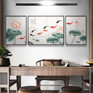 新中式九鱼图装饰画三联荷花鲤鱼沙发背景墙壁寓意好风水客厅挂画