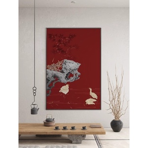 新中式客厅茶室装饰画轻奢红色抽象太湖石花鸟壁画书房办公室挂画