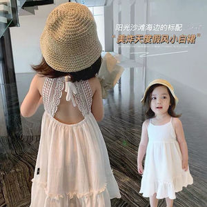女童装夏季海边度假风儿童连衣裙宝宝洋气露背白色吊带裙子