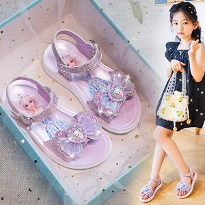 牧童官方正品优惠卷女童凉鞋2024夏季新款儿童公主鞋紫色水晶鞋小