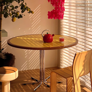 复古风餐桌简约小户型客厅家用圆桌实木不锈钢饭桌圆形洽谈桌子