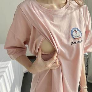 免脱连衣裙喂奶上衣哺乳户外出服宽松短袖T恤辣妈款可爱时尚卡通