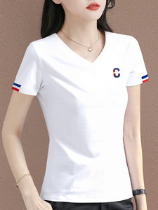 GXG新款纯棉v领白色短袖t恤女夏季高端女装爆款上衣洋气半袖体恤
