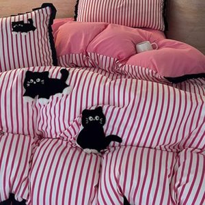 粉色条纹立体猫咪毛巾绣水洗棉四件套被套床单被罩学生宿舍三件套