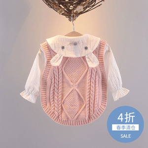 女宝宝长韩系袖衬衫0-1-2-3岁女童春装套装洋气衬衫+针织马甲两件