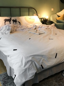 北欧风清新简约全棉四件套灰白色纯棉床上用品条纹床品被套床笠款