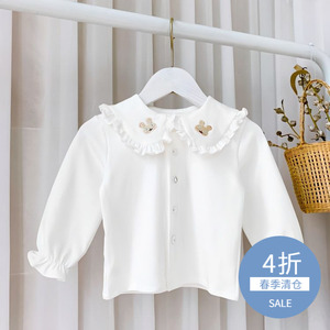 女童衬衫韩系纯棉春季新款宝宝白色长袖翻领打底衫婴儿娃娃领上衣