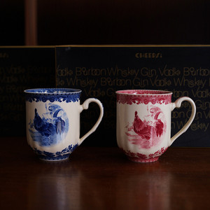 出口英国老厂青花公鸡图案陶瓷马克杯 复古高档咖啡杯 中古水杯