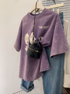 地素紫色美式复古水洗做旧短袖t恤女夏季夏设计感小众小个子体恤