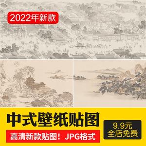 中式新中式手绘山水建筑竹子抽象古建壁纸壁画装饰画高清贴图素材