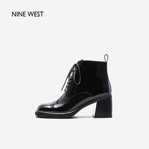 Nine West/玖熙马丁靴法式方头系带厚底短靴女2023冬新款粗跟靴子