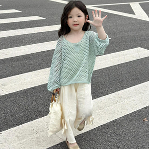 韩版2024夏季新款女童法式镂空套头针织衫防晒外套女宝宝轻薄上衣