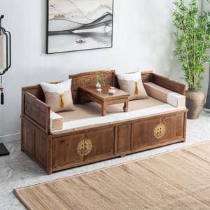 新中式推拉罗汉床榻客厅实木躺椅小户型储物贵妃双人箱式伸缩沙发